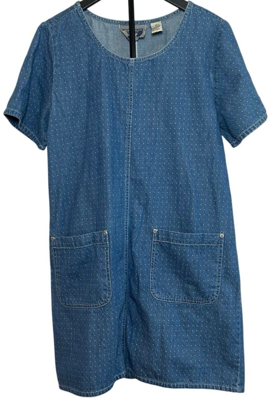 VTG 90s Erika Casuals Denim Polka Dot Shift Dress M Pockets Casual Whimsigoth